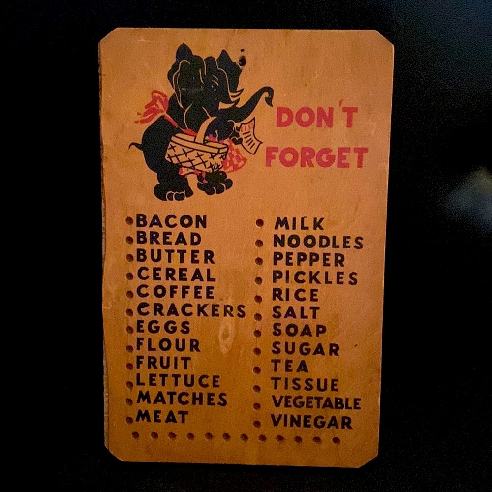 VINTAGE MCM Elephant Wood Peg Board Grocery Reminder